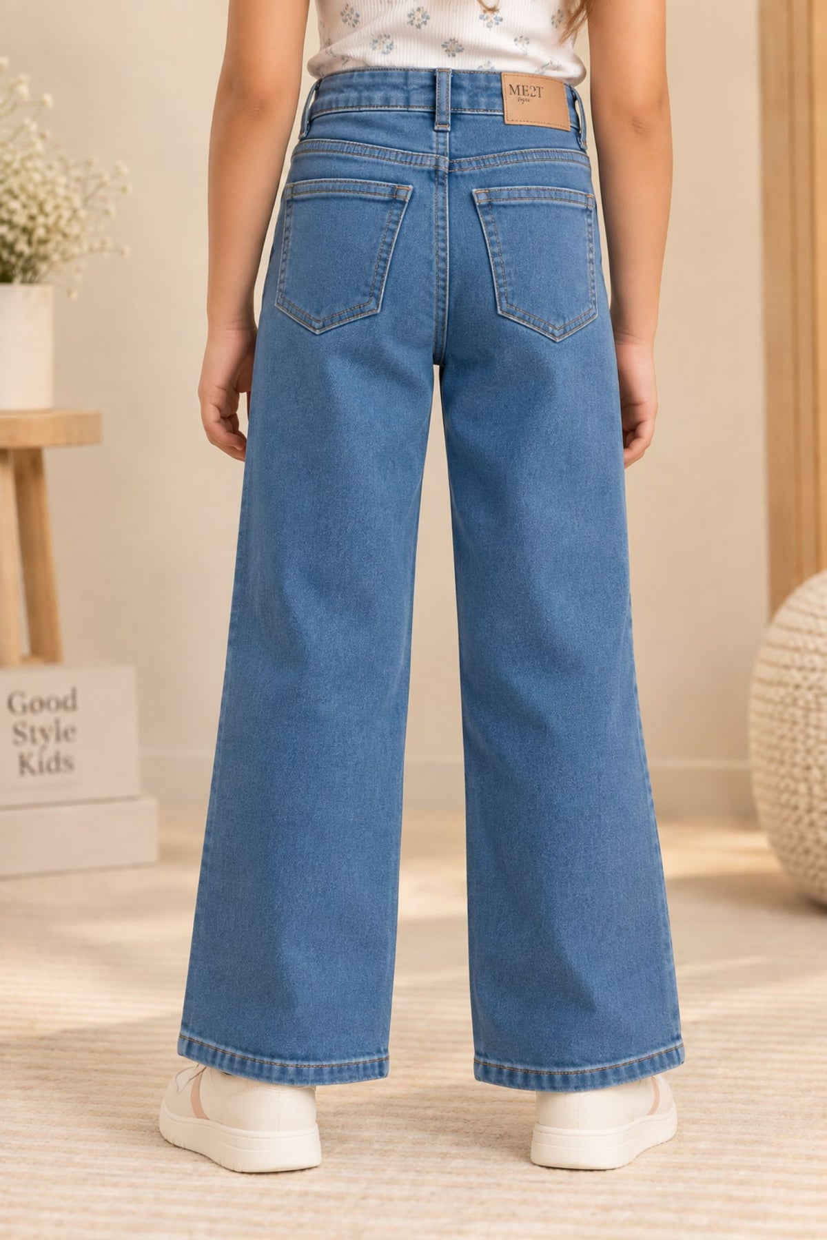 Blue Stone Washed Straight Fit Denim Jeans For Girls