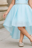 Elegant Sky Blue Embellished High-Low Party Wear Frock with Floral Bodice For Girls
