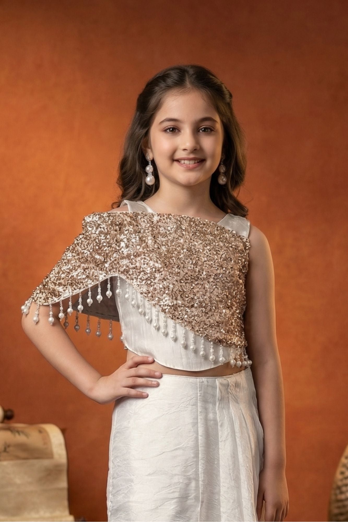 Designer Ivory Lehenga Set with Sequin Cape and Pearl Tassel Detailing For Girls