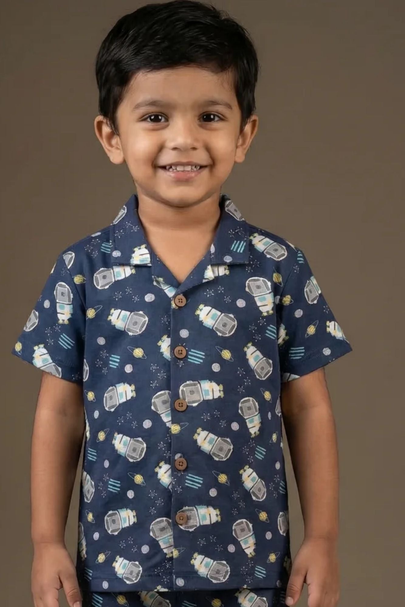 Navy Blue Space Astronaut Print Cotton Night Suit Set For Boys