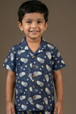 Navy Blue Space Astronaut Print Cotton Night Suit Set For Boys