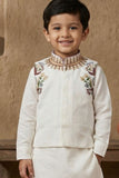 Ivory Embroidered Kurta Pajama Set With Jacket For Boys
