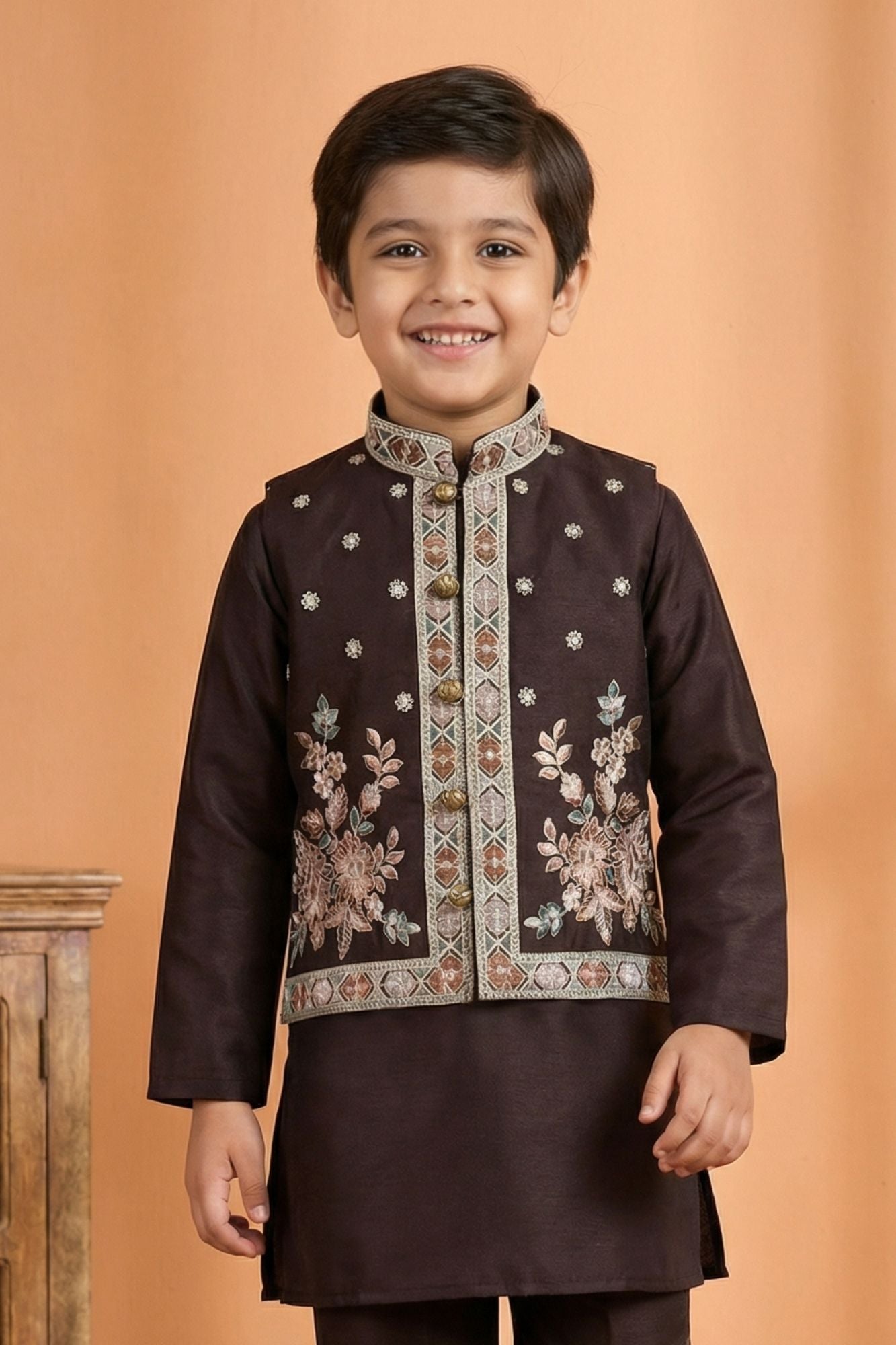 Wine Embroidered Kurta Set with Nehru Jacket For Boys