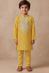 Boys Elegant Gold Peacock Embroidered Kurta Set