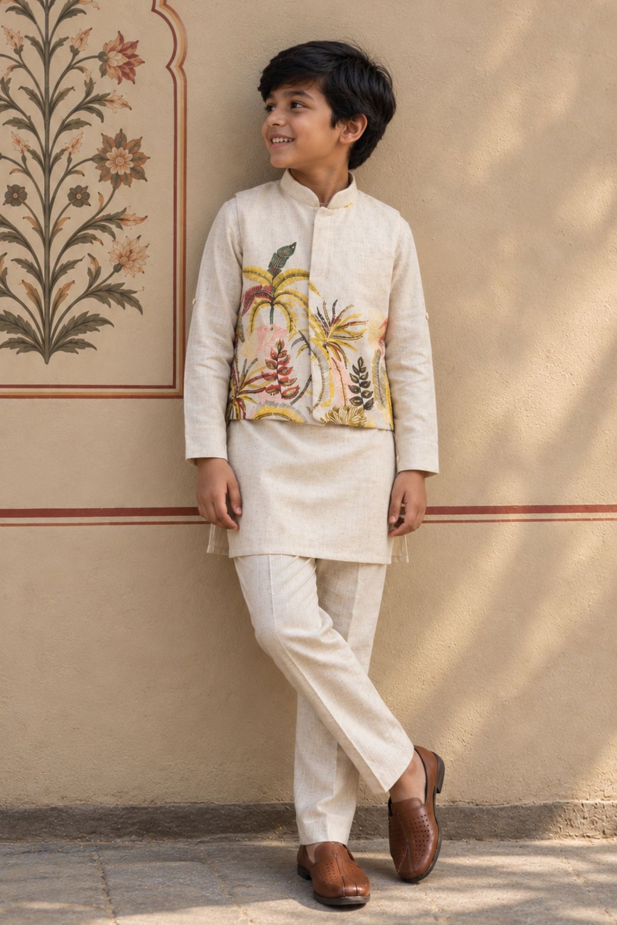Beige Kurta Set  With Tropical Print Nehru Jacket For Boys
