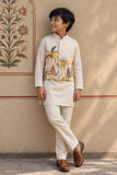Beige Kurta Set  With Tropical Print Nehru Jacket For Boys