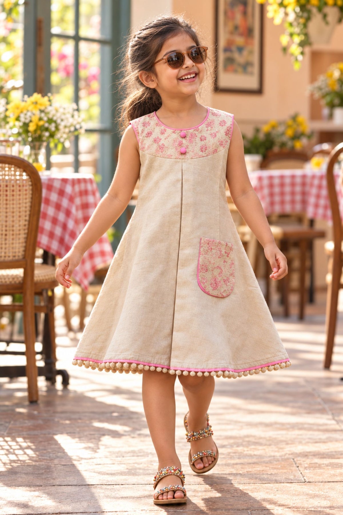 Beige Dress with Embroidered Yoke & Contrast Piping For Girls