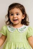 Green Embroidered Frock With Peter Pan Collar & Ruffled Hem For Girls