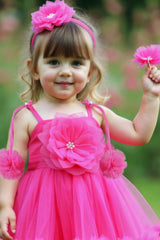 Rani Pink Ruffled Frock With Floral Embellished For Girls