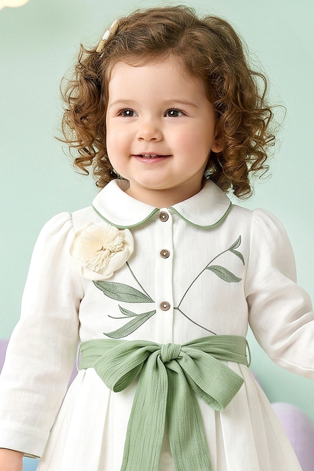 Girls White Dress with Sage Green Bow