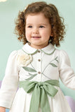 Girls White Dress with Sage Green Bow