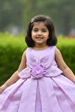 Lavender 3D Floral Appliqué With Embroidery Party Wear Frock For Girls