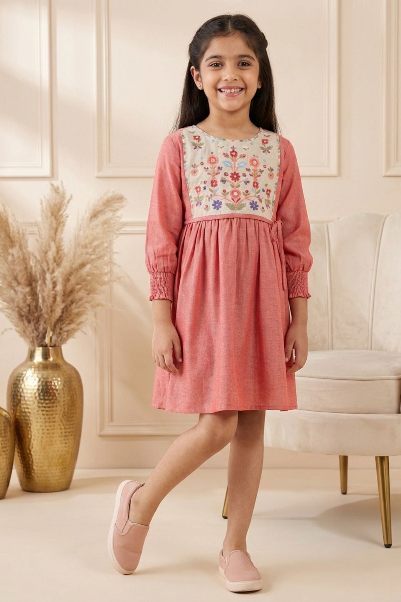 Rust Red Cotton Dress with Multicolor Floral Embroidered Yoke For Girls