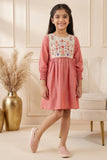 Rust Red Cotton Dress with Multicolor Floral Embroidered Yoke For Girls