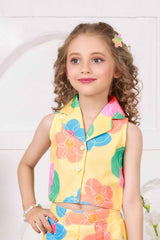 Trendy Lemon Yellow Floral Printed Sleeveless Jacket And Pant Co Ord Set For Girls