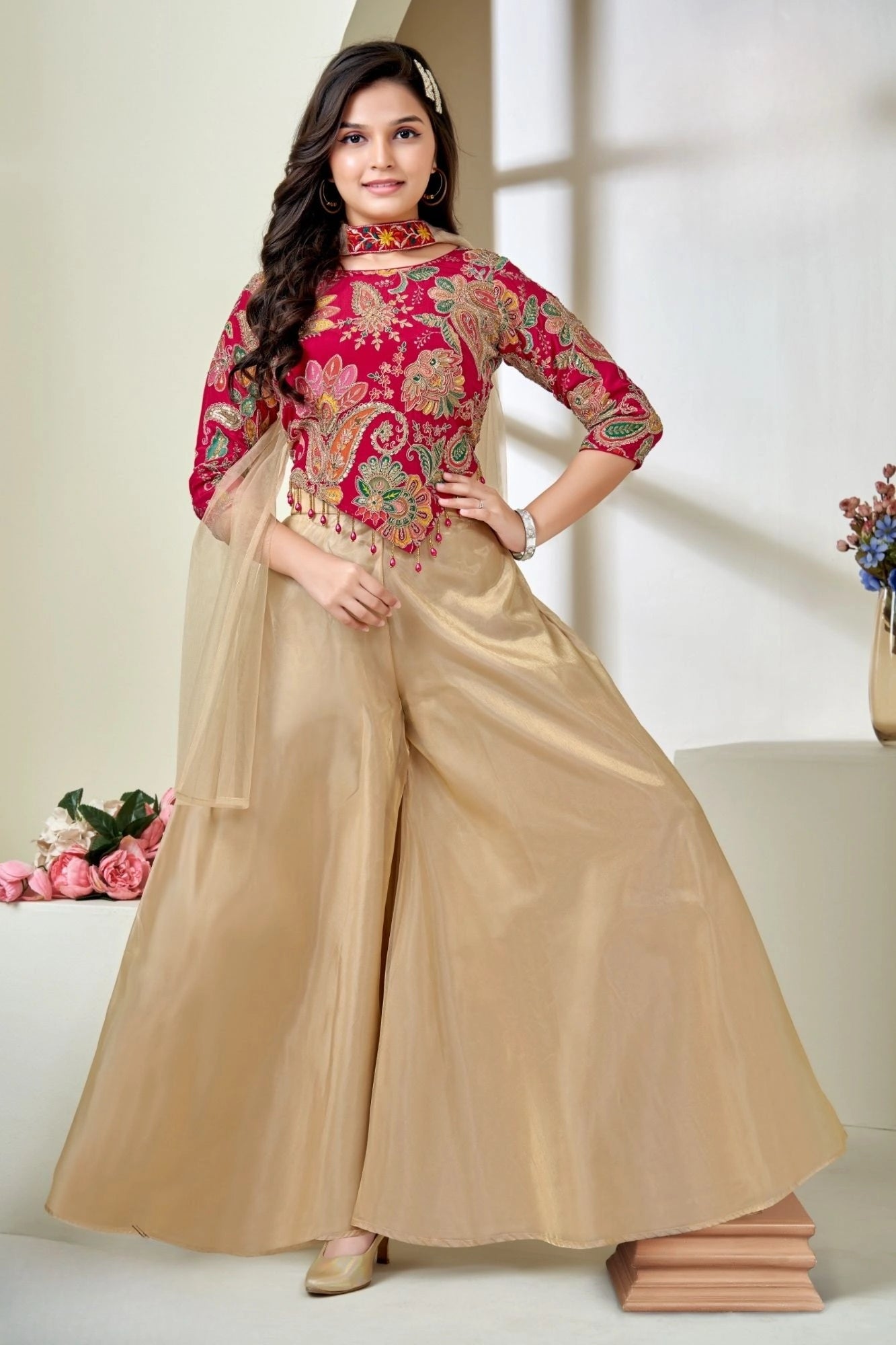 Pink Embroidered Top with Cream Palazzo Set For Girls
