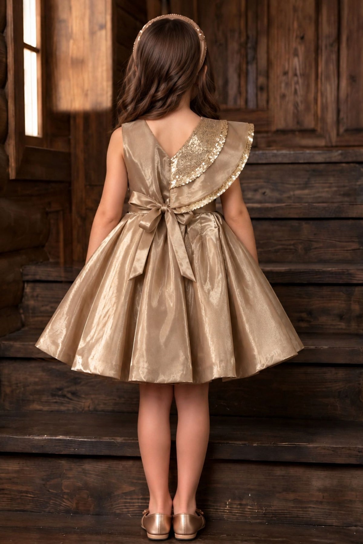 Girls Champagne Gold Sequin Floral Applique Party Wear Frock