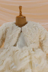 Cream Ruffled And Sequin Frock With Overcoat For Girls