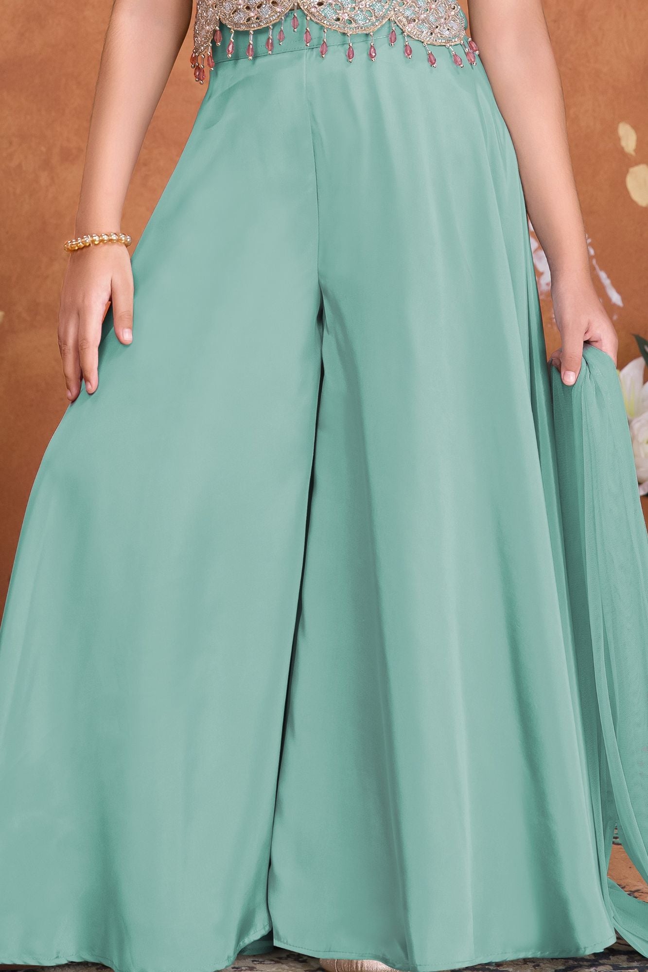 Girls Sea Green Embroidered Palazzo Set With Halter Neck And Dupatta