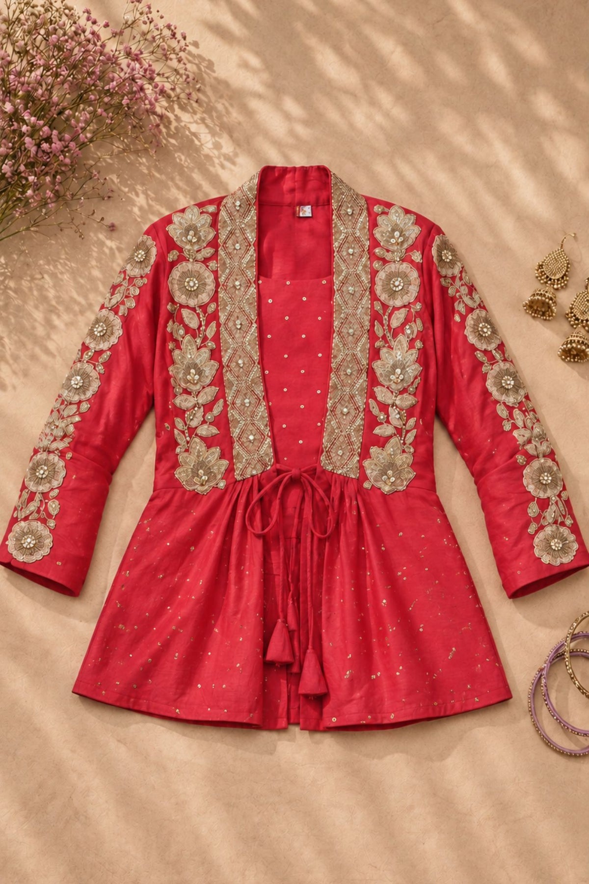 Coral Red And Gold Floral Embroidered Jacket With Embellished Sharara Set