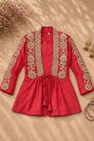 Coral Red And Gold Floral Embroidered Jacket With Embellished Sharara Set
