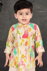 Multicolor Printed Full Sleeves Kurta With Cream Dhoti Set For Boys