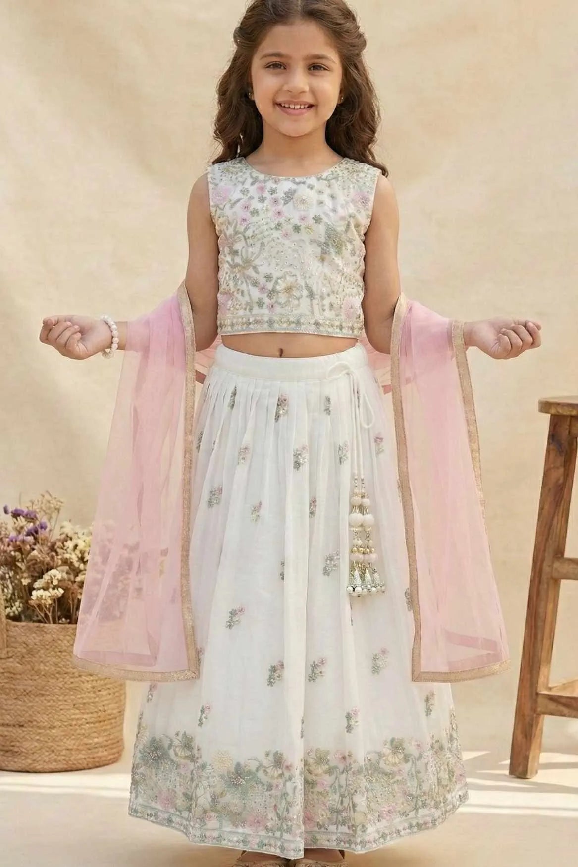White Floral Embroidered Lehenga Choli with Dupatta For Girls