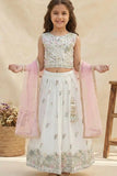 White Floral Embroidered Lehenga Choli with Dupatta For Girls