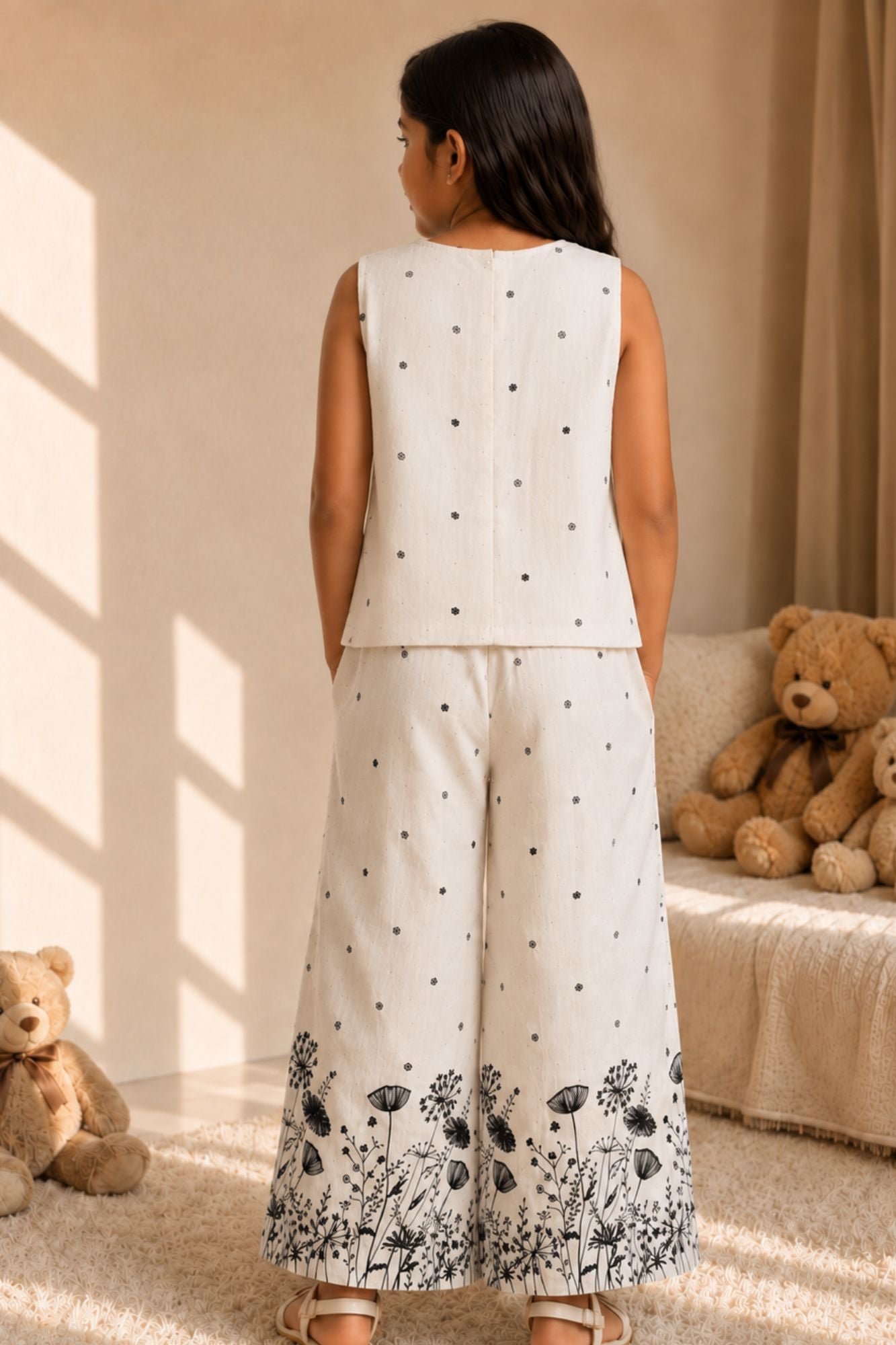 White And Black Printed Sleeveless Co-Ord Set with Wide-Leg Culottes for Girls