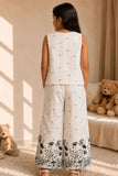 White And Black Printed Sleeveless Co-Ord Set with Wide-Leg Culottes for Girls