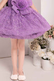 Purple Sleeveless And Floral Embellished Frock For Girls