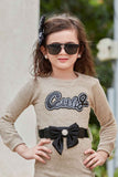 Fawn Full Sleeves Dress With Bow Embellishment And Sequin Work For Girls