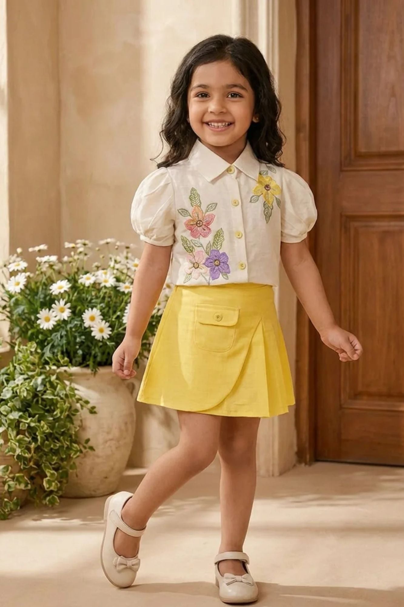 Girls Cream Floral Embroidered Top with Yellow Skorts Set