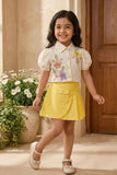 Girls Cream Floral Embroidered Top with Yellow Skorts Set