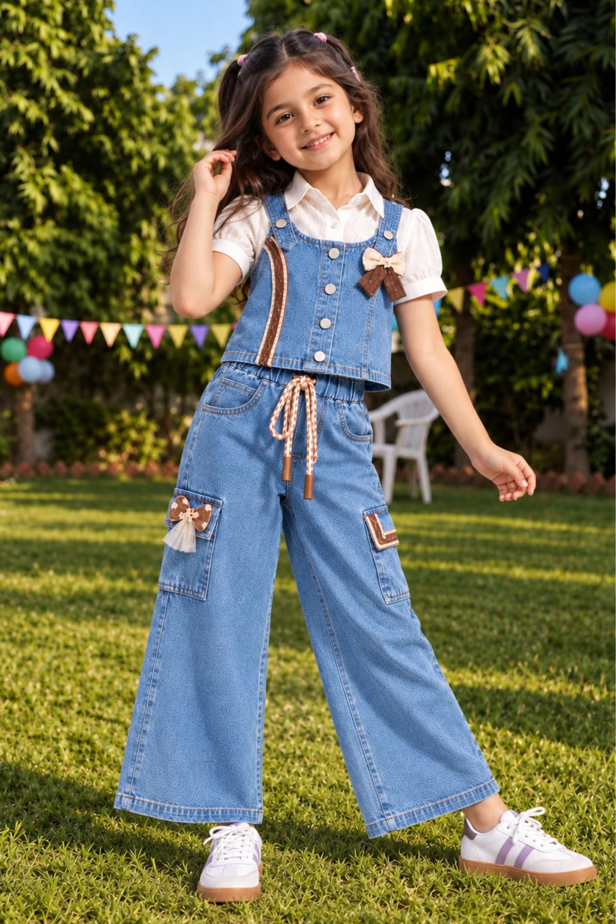 Girls Light Blue Denim 3 Piece Co-Ord Set With Decorative Bow