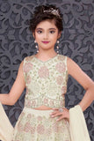 Cream Floral Embroidered Lehenga Choli Set With Dupatta For Girls