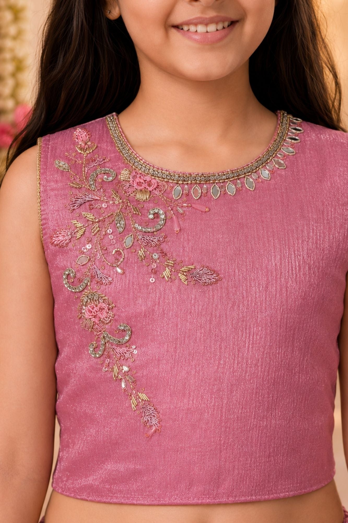 Girls Pink Embroidered Drape Saree Set with Waist Belt