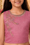 Girls Pink Embroidered Drape Saree Set with Waist Belt
