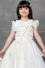 Designer Cream Satin Sequin And Floral Embellished Gown For Girls