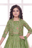 Pista Green Heavy Embroidered Lehenga Choli Set With Jacket for Girls