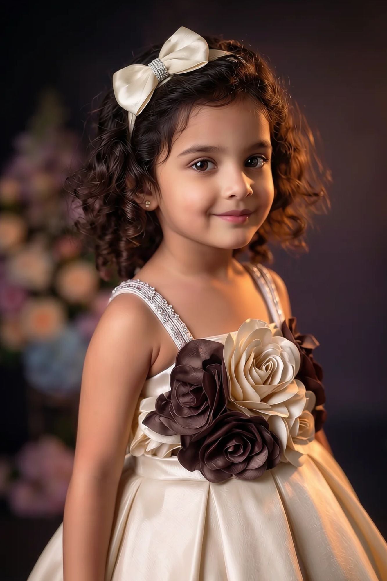 Girls Fawn High Low Party Wear Frock with 3D Floral Applique