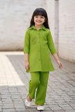 Green Casual Top With Matching Straight Pant Set For Girls