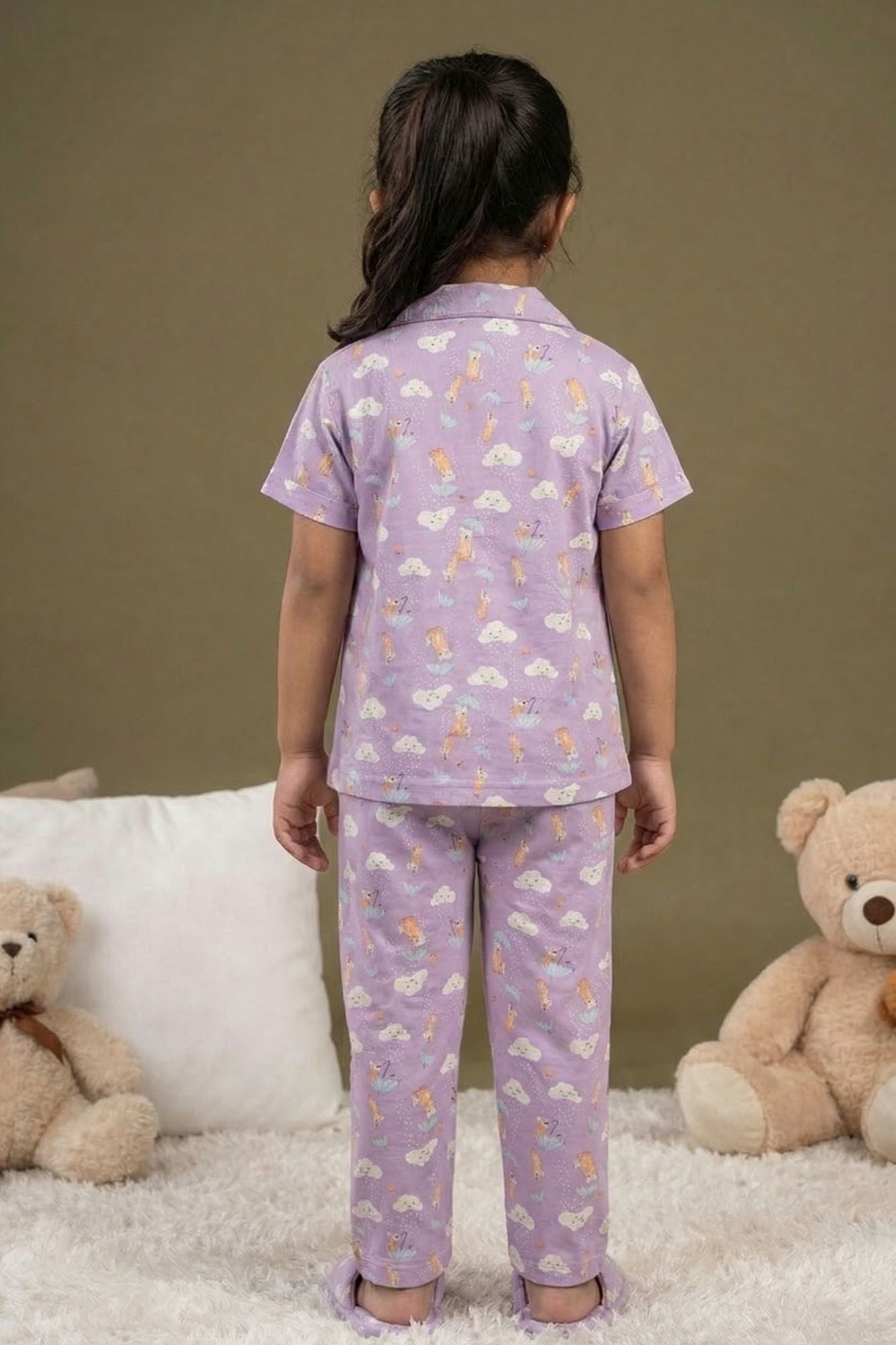 Lavender Unicorn And Cloud Print Night Suit Set For Girls