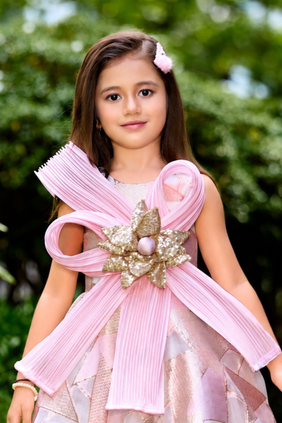 Girls Pink Metallic Geometric Floral Applique Party Wear Gown