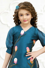 Blue Satin Printed Puffed Sleeves Palazzo Set For Girls