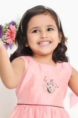 Peach Sleeveless Chanderi Silk Embroidered Frock For Girls