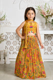 Girls Mustard Yellow Floral Printed Lehenga Choli With Dupatta