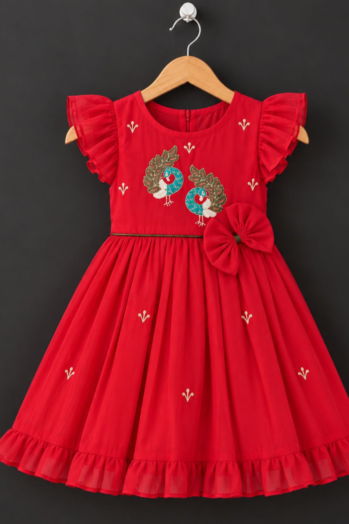 Crimson Red Peacock Embroidered Ruffle Sleeve  Flared Dress For Girls