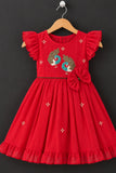 Crimson Red Peacock Embroidered Ruffle Sleeve  Flared Dress For Girls