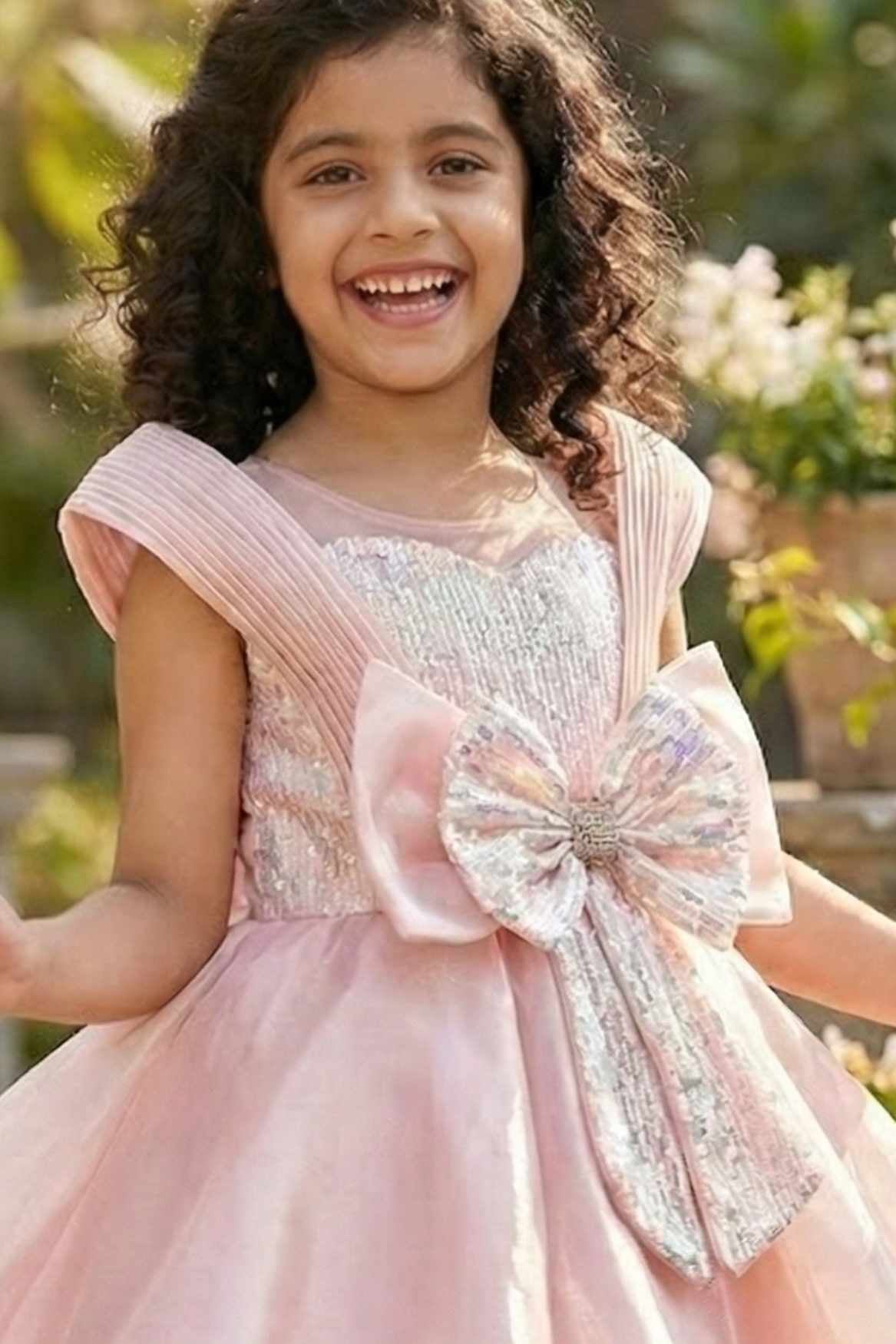 Peach Embellished Party Wear Frock with Structured Shoulder Straps For Girls